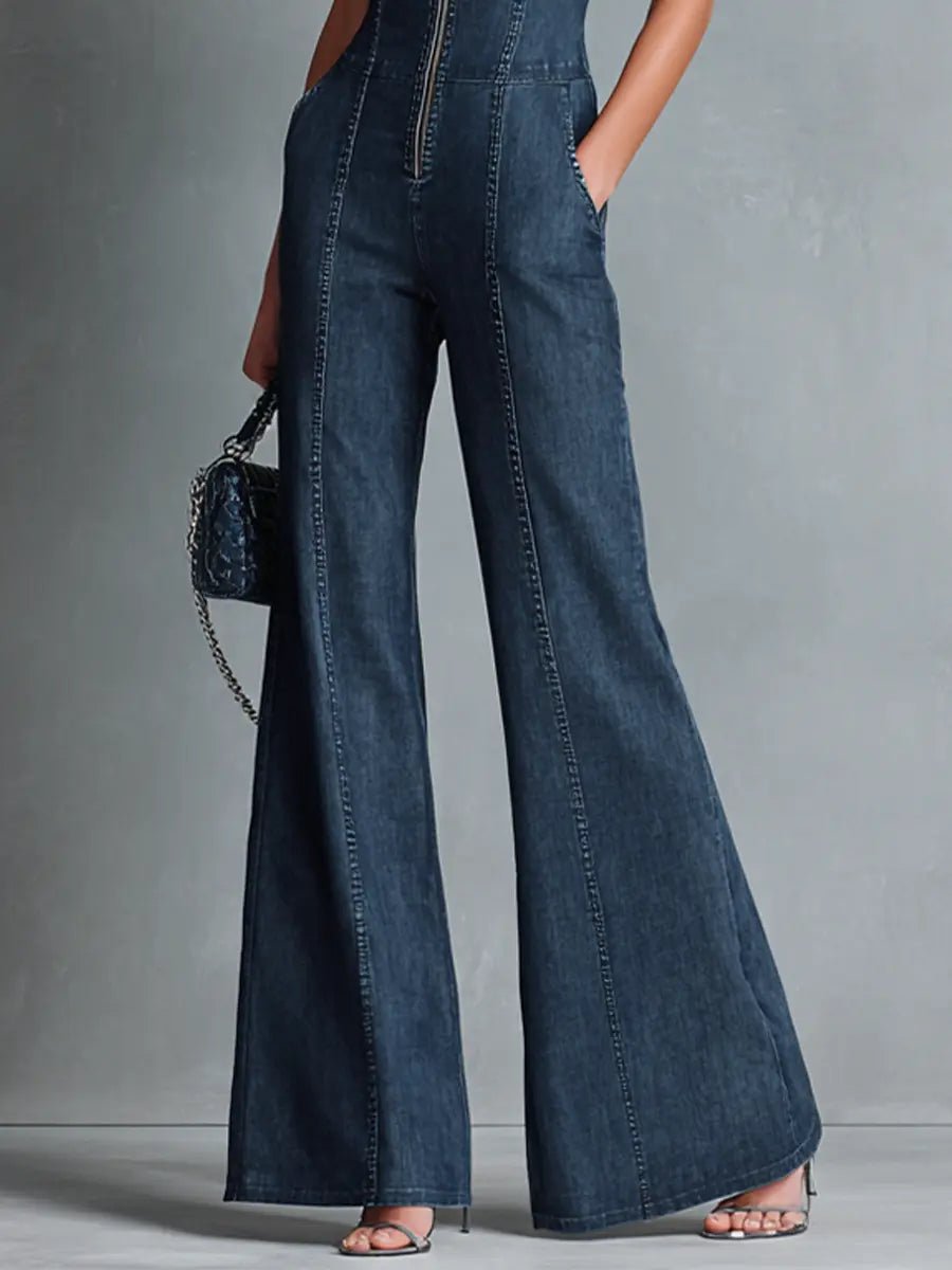 Women's High Neck Zip Front Flare Leg Denim Jumpsuit | Summer