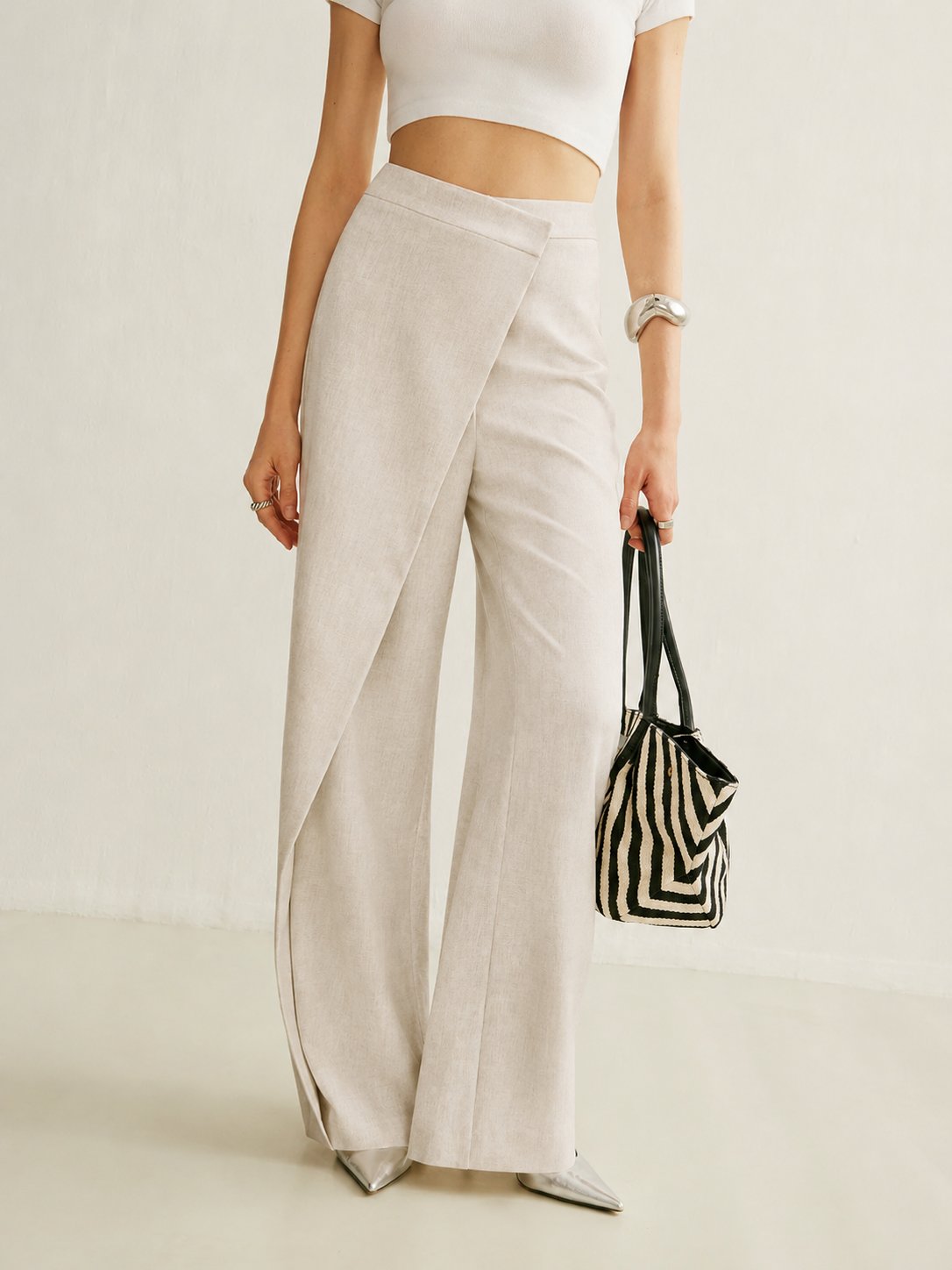 Women's High-Waist Asymmetric Wrap Wide Leg Pants - Tailored | Spring - Apricot
