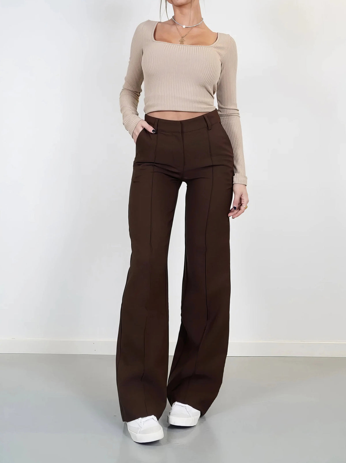 Women's High-Waist Chic Pants | Tailored | Autumn - Brown