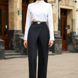 Women's High-Waist Wrap Pants | Black Wide Leg | Office Chic | Autumn - Black