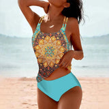 Women's High-Waisted Printed Tankini - Two-Piece Swim | Summer - Blue