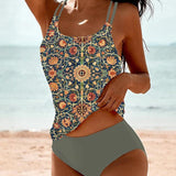 Women's High-Waisted Printed Tankini - Two-Piece Swim | Summer - Green