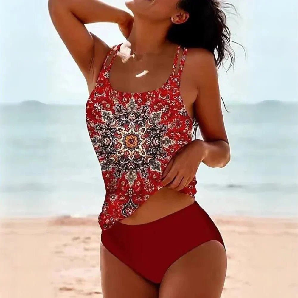 Women's High-Waisted Printed Tankini - Two-Piece Swim | Summer - Red