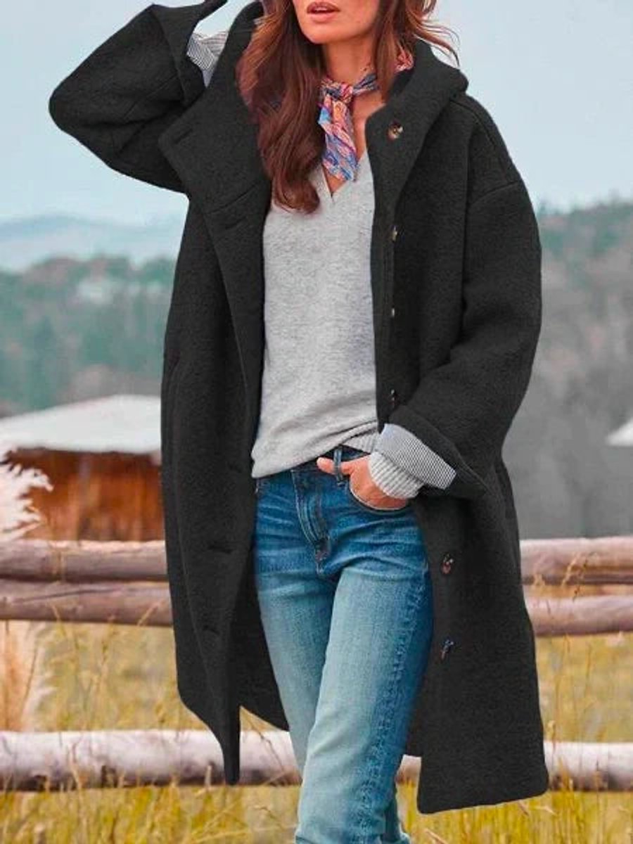 Women's Hooded Button-Front Fleece Coat - Relaxed Fit | Autumn - Black