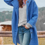 Women's Hooded Button-Front Fleece Coat - Relaxed Fit | Autumn - Blue
