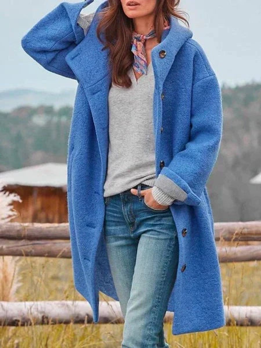 Women's Hooded Button-Front Fleece Coat - Relaxed Fit | Autumn - Blue