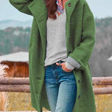 Women's Hooded Button-Front Fleece Coat - Relaxed Fit | Autumn - Dark Green