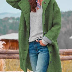 Women's Hooded Button-Front Fleece Coat - Relaxed Fit | Autumn - Dark Green