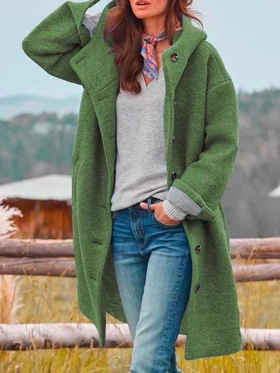 Women's Hooded Button-Front Fleece Coat - Relaxed Fit | Autumn - Dark Green