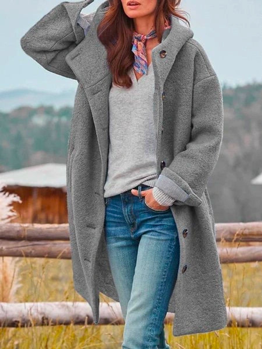 Women's Hooded Button-Front Fleece Coat - Relaxed Fit | Autumn - Gray
