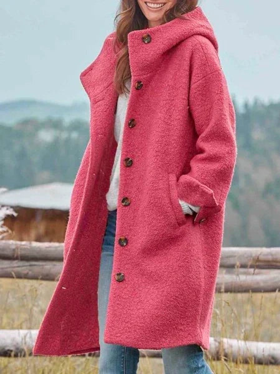 Women's Hooded Button-Front Fleece Coat - Relaxed Fit | Autumn - Pink