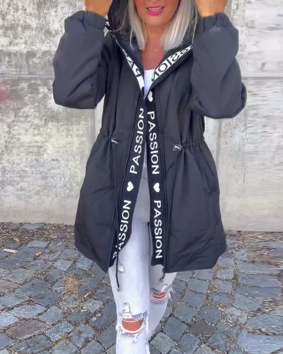 Women's Hooded Drawstring Midi Parka - Relaxed Fit | Autumn - Black