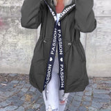 Women's Hooded Drawstring Midi Parka - Relaxed Fit | Autumn - Grey