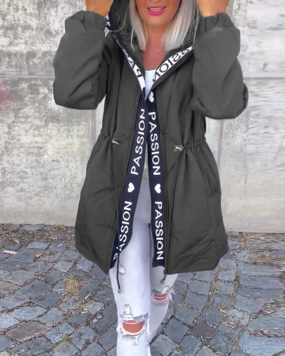 Women's Hooded Drawstring Midi Parka - Relaxed Fit | Autumn - Grey
