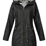 Women's Hooded Drawstring Waterproof Rain Coat | Autumn - Black