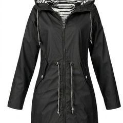 Women's Hooded Drawstring Waterproof Rain Coat | Autumn - Black