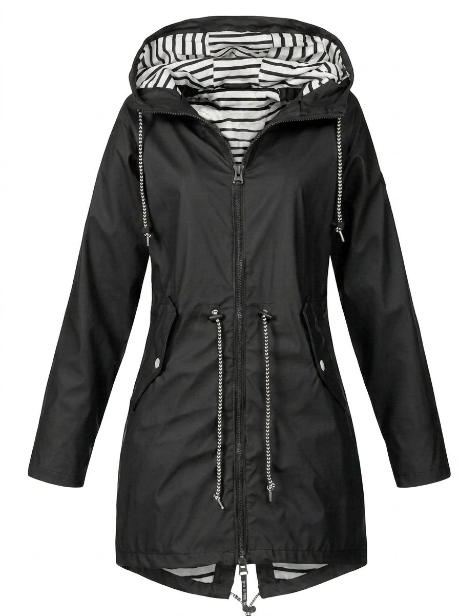 Women's Hooded Drawstring Waterproof Rain Coat | Autumn - Black