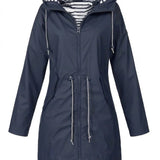 Women's Hooded Drawstring Waterproof Rain Coat | Autumn - Blue