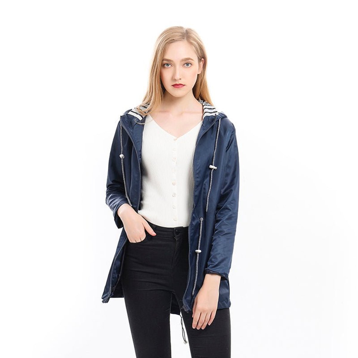 Women's Hooded Drawstring Waterproof Rain Coat | Autumn
