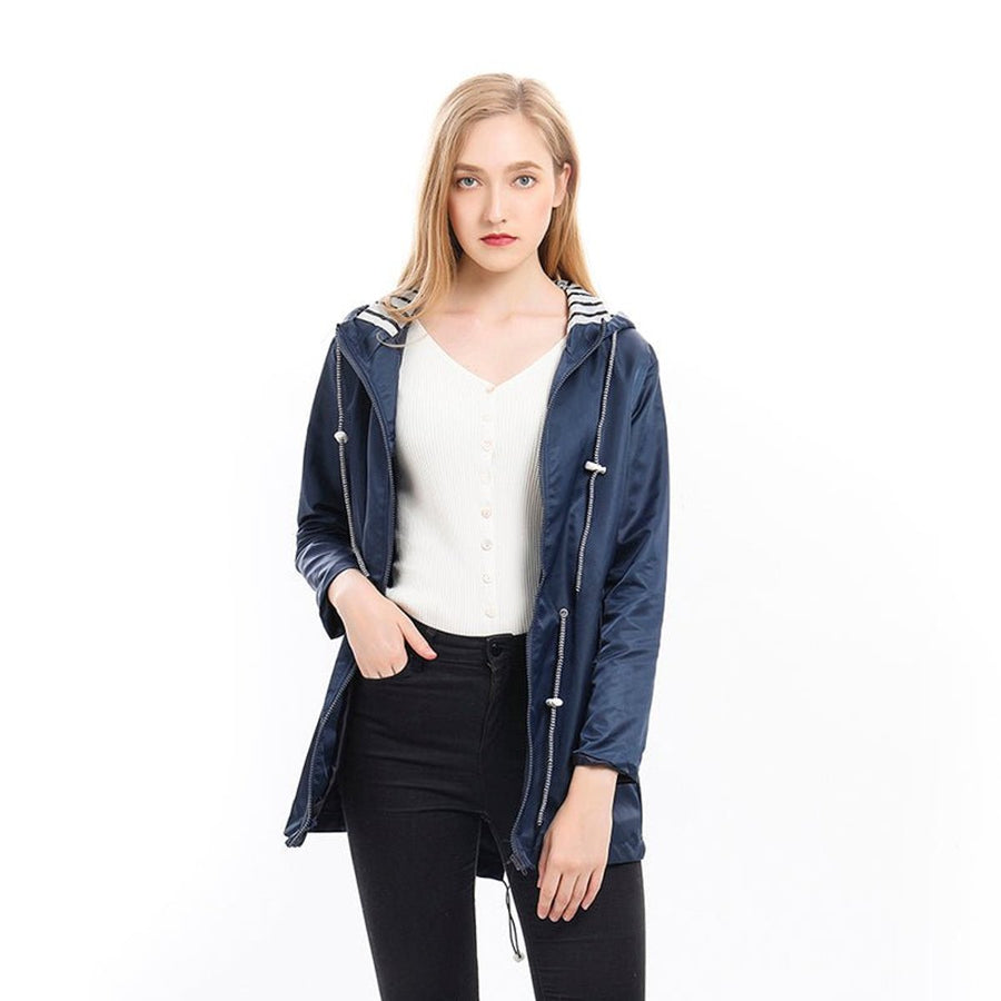 Women's Hooded Drawstring Waterproof Rain Coat | Autumn