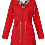 Women's Hooded Drawstring Waterproof Rain Coat | Autumn - Red