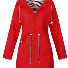 Women's Hooded Drawstring Waterproof Rain Coat | Autumn - Red