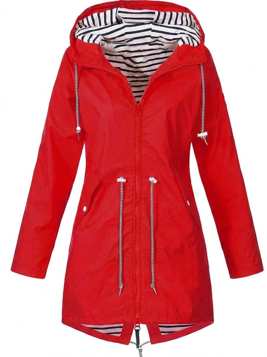 Women's Hooded Drawstring Waterproof Rain Coat | Autumn - Red