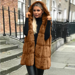 Women's Hooded Long Quilted Faux Fur Gilet Vest - Sleeveless Layering - Brown