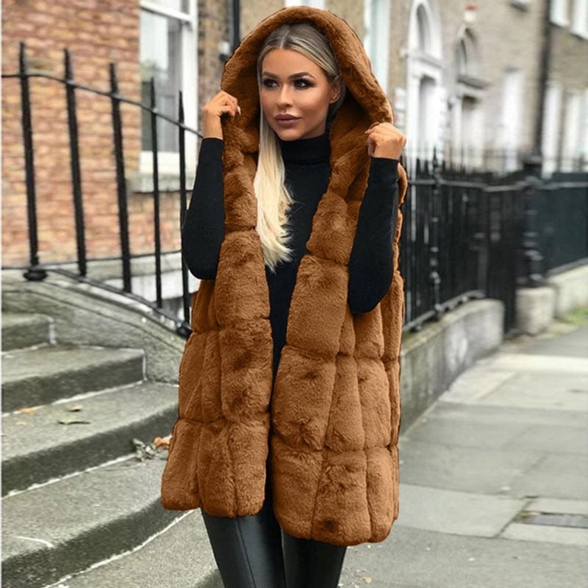 Women's Hooded Long Quilted Faux Fur Gilet Vest - Sleeveless Layering - Brown