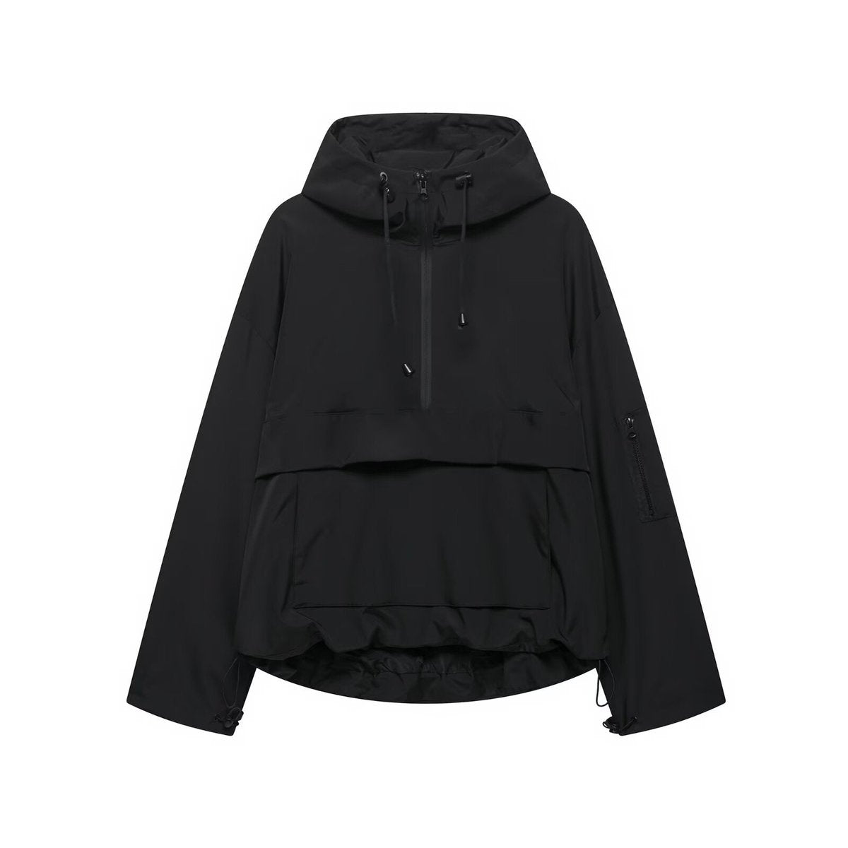 Women's Hooded Pullover Anorak Quilted Jacket - Half-Zip | Spring - Black