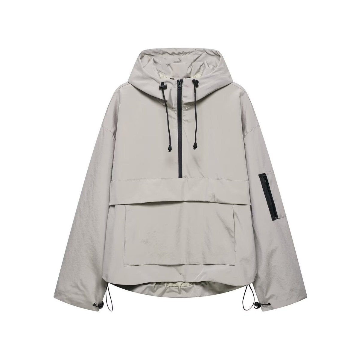 Women's Hooded Pullover Anorak Quilted Jacket - Half-Zip | Spring - Grey