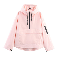 Women's Hooded Pullover Anorak Quilted Jacket - Half-Zip | Spring - Light Pink