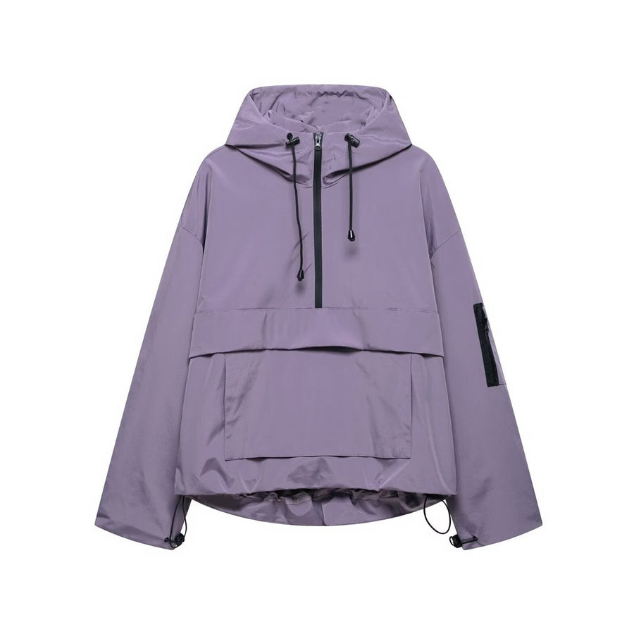 Women's Hooded Pullover Anorak Quilted Jacket - Half-Zip | Spring - Purple
