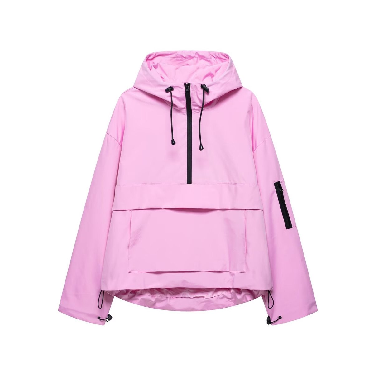 Women's Hooded Pullover Anorak Quilted Jacket - Half-Zip | Spring - Rose Pink