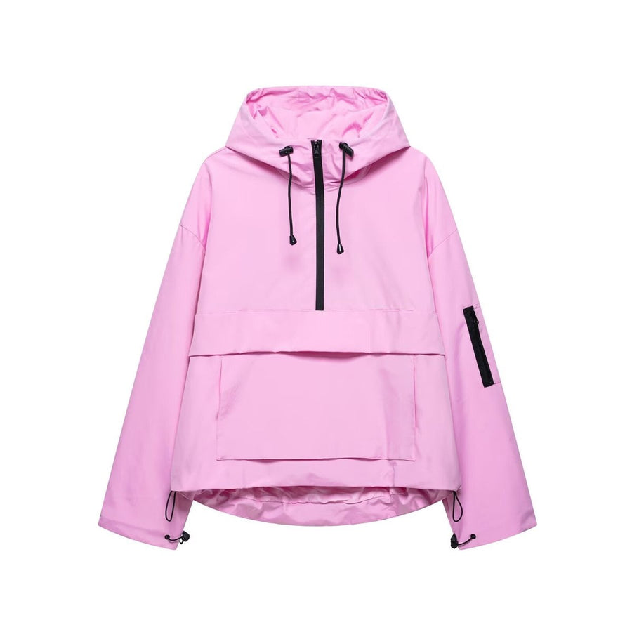 Women's Hooded Pullover Anorak Quilted Jacket - Half-Zip | Spring - Rose Pink