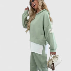 Women's Hooded Sweatshirt and Pants Set - Color-Block Lounge | Autumn - Green