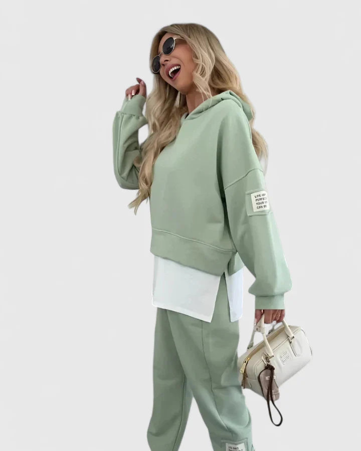 Women's Hooded Sweatshirt and Pants Set - Color-Block Lounge | Autumn - Green