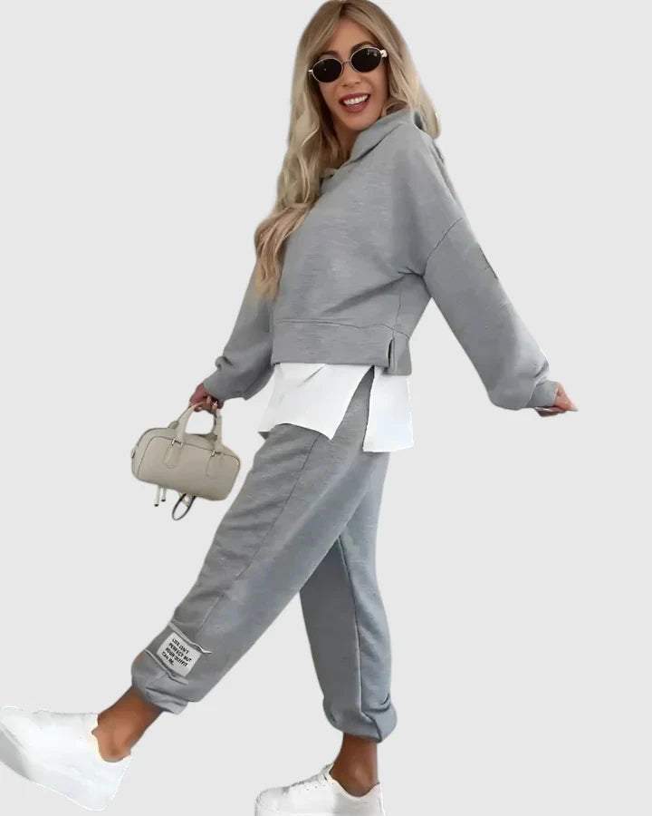 Women's Hooded Sweatshirt and Pants Set - Color-Block Lounge | Autumn - Grey