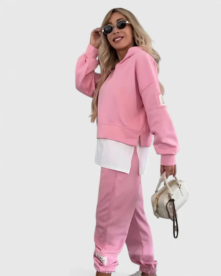 Women's Hooded Sweatshirt and Pants Set - Color-Block Lounge | Autumn - Pink