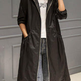 Women's Hooded Waterproof Long Trench Coat - Relaxed A-Line | Spring - Black