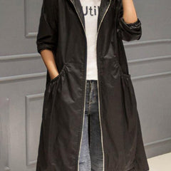 Women's Hooded Waterproof Long Trench Coat - Relaxed A-Line | Spring - Black