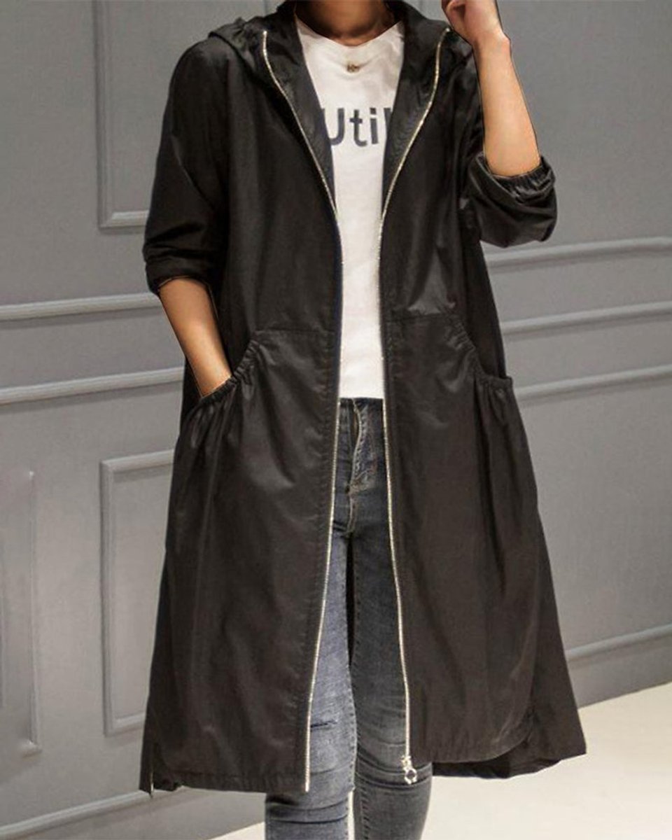 Women's Hooded Waterproof Long Trench Coat - Relaxed A-Line | Spring - Black