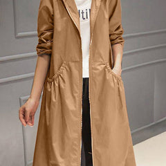 Women's Hooded Waterproof Long Trench Coat - Relaxed A-Line | Spring - Brown