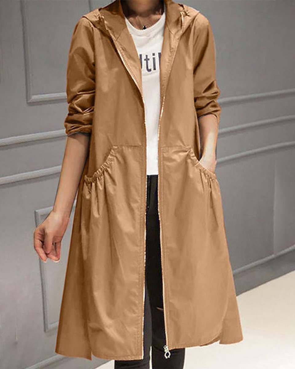 Women's Hooded Waterproof Long Trench Coat - Relaxed A-Line | Spring - Brown