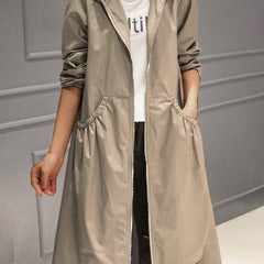 Women's Hooded Waterproof Long Trench Coat - Relaxed A-Line | Spring - Khaki
