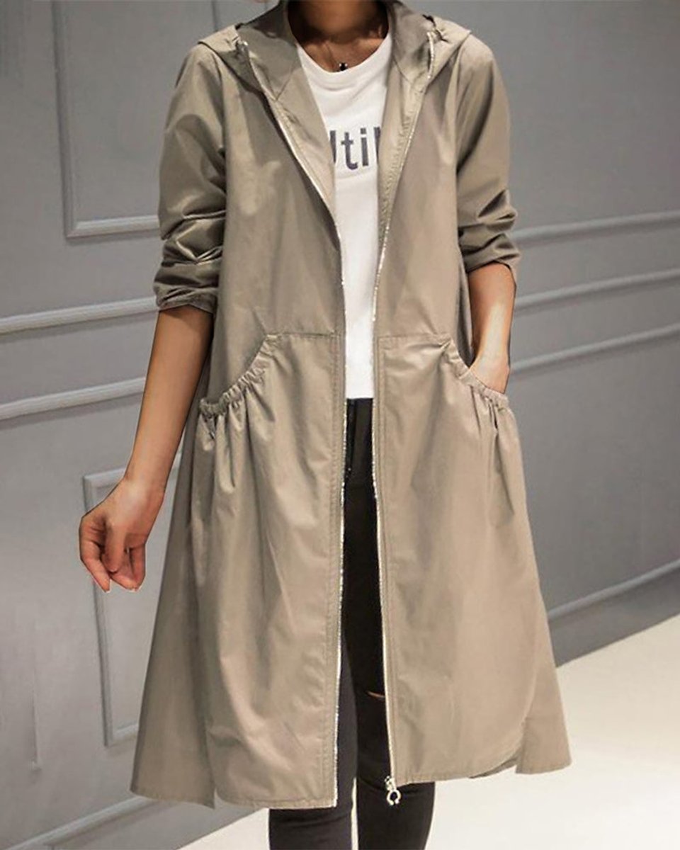 Women's Hooded Waterproof Long Trench Coat - Relaxed A-Line | Spring - Khaki