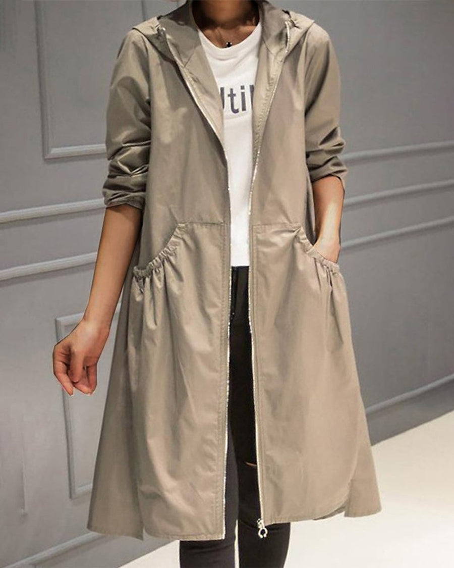 Women's Hooded Waterproof Long Trench Coat - Relaxed A-Line | Spring - Khaki