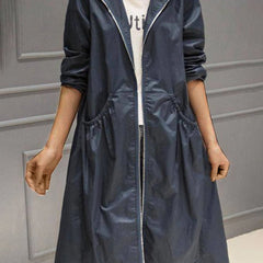 Women's Hooded Waterproof Long Trench Coat - Relaxed A-Line | Spring - Navy