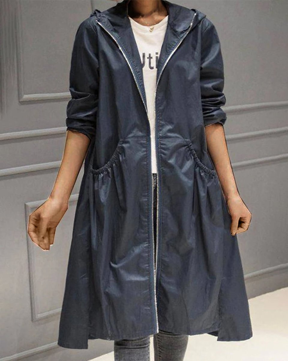 Women's Hooded Waterproof Long Trench Coat - Relaxed A-Line | Spring - Navy