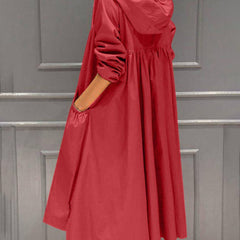 Women's Hooded Waterproof Long Trench Coat - Relaxed A-Line | Spring - Red
